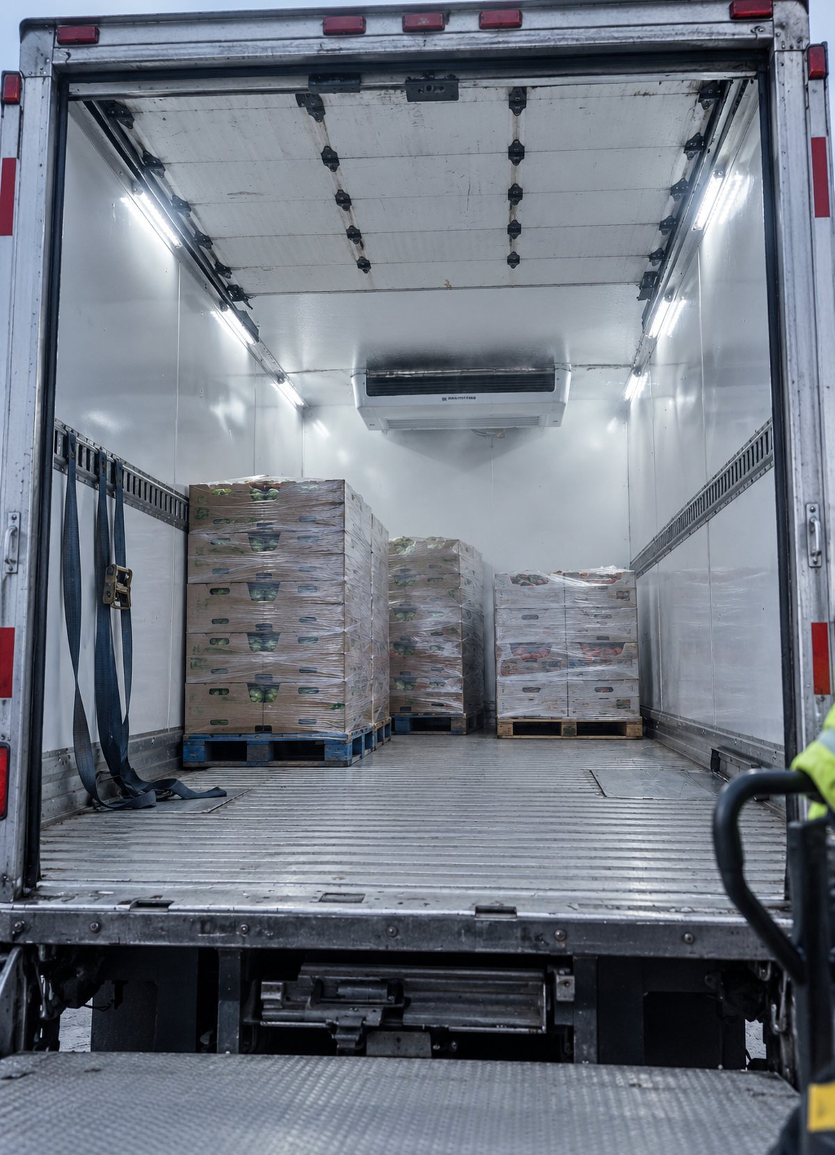 Pallets inside a refrigerated cargo truck