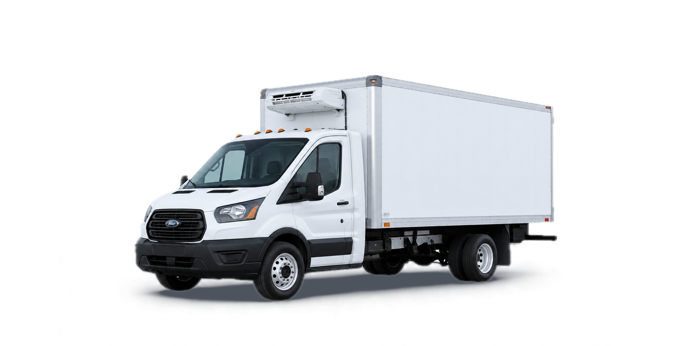 White Ford Transit refrigerated box truck